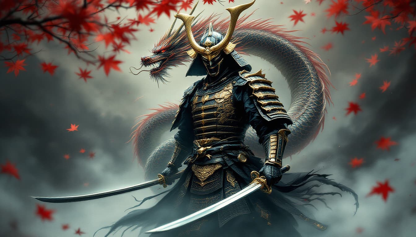 AI generated: A formidable samurai stands at the center of the composition, clad in ornate armor that blends shade...
