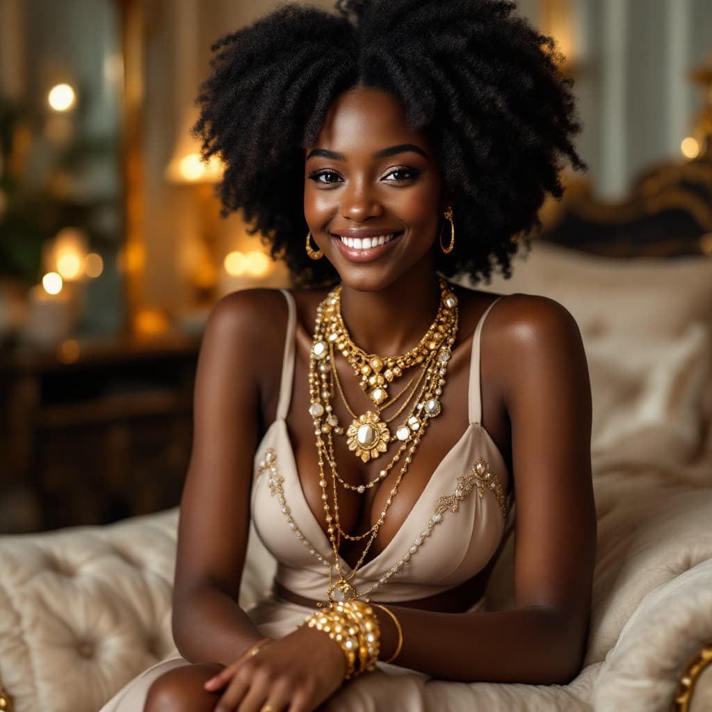 AI generated: A beautiful  Black girl with deep brown skin, adorned with elegant gold and silver jewelry, includin...