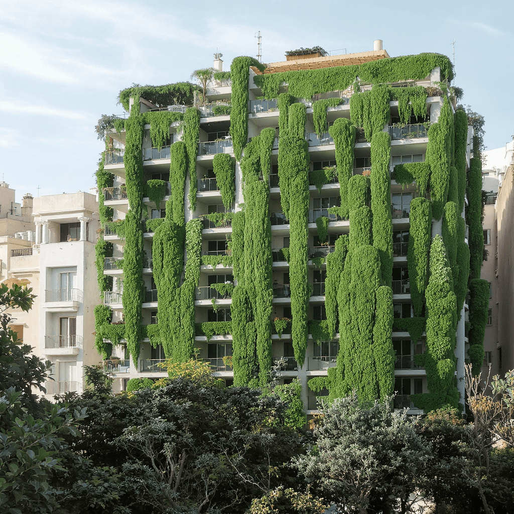 AI generated: An athenian block of buildings in Greece where there are vertical cylindrical elements imitating tre...