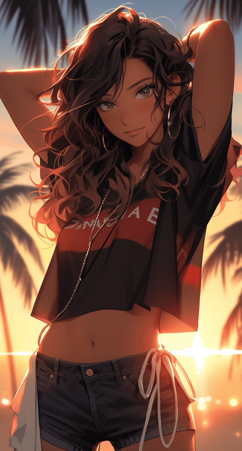 AI generated: an anime girl wearing black shorts in front of palm trees, in the style of raphael lacoste, zhang ji...