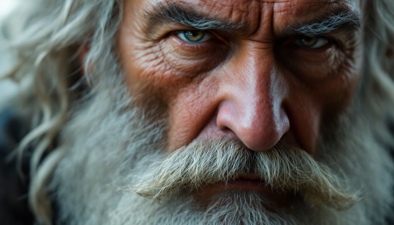 AI generated: The image features an older man, a long white beard and mustache,  He has a stern expression, giving...