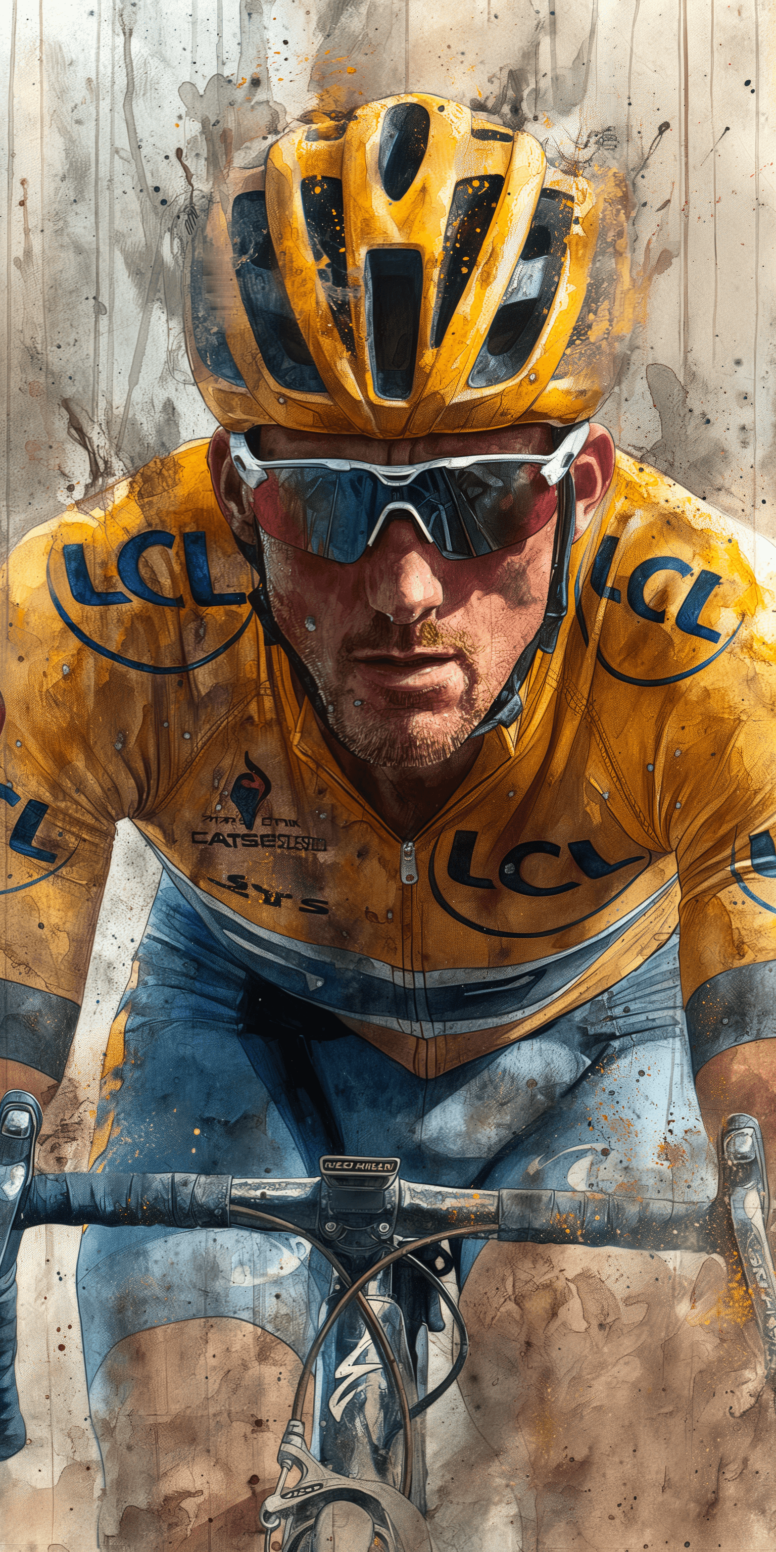 AI generated: highly-detailed drawing of a Sports Illustrated cover photo, Tour de France, Yellow Jersey, in the s...