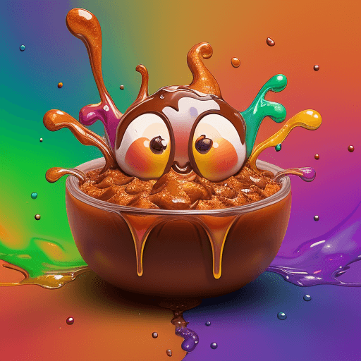 AI generated: realistic colorful melting toffee mascot high on cannabis with galaxy swirl beady eyes