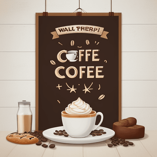 AI generated: a poster ,have a complete word"wish coffee"for main theme, on the top, Latte and some salty bread fo...