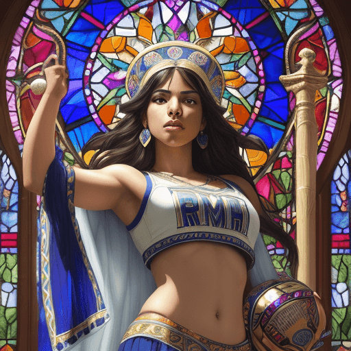 AI generated: Festival Latino, 2023, Hightstown, NJ, Rams, cheerleader, stained glass art of goddess, mosaic-stain...