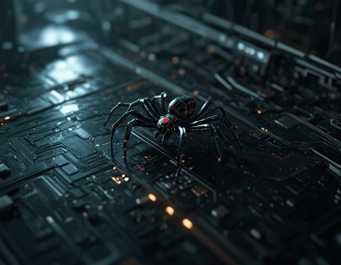 AI generated: dark futuristic, spider-man, focus, motherboard, technological, shot from above, dramatic light, cin...
