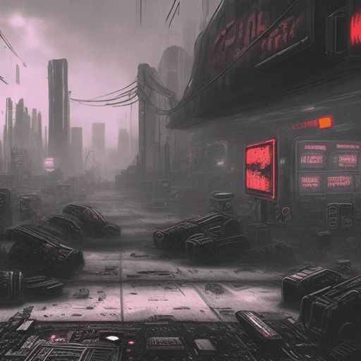 AI generated: A dark cyberpunk wasteland with broken machines on a dark faded background 