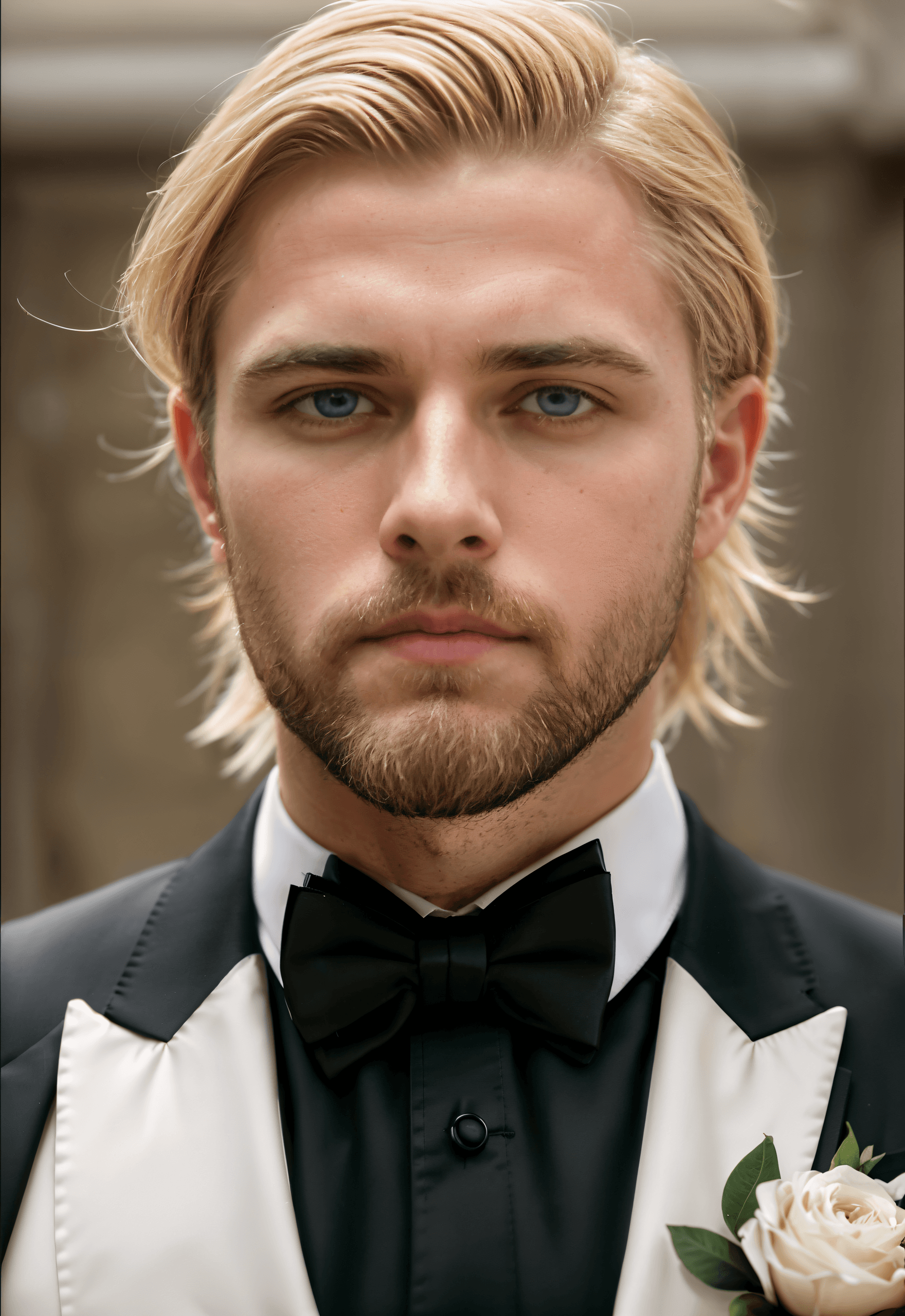 AI generated: RAW photo, portrait of a handsome man with blonde hair a trimmed beard in a tuxedo , full sharp , de...