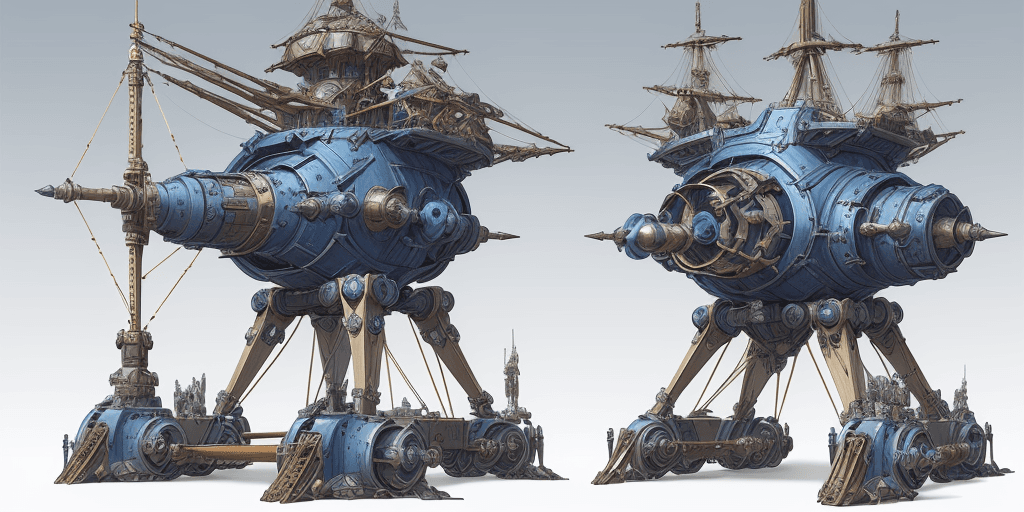 AI generated: Futuristic sci-fi sketch blueprint, medieval trebuchet, 6 wheels, wooden structure configuration, ri...