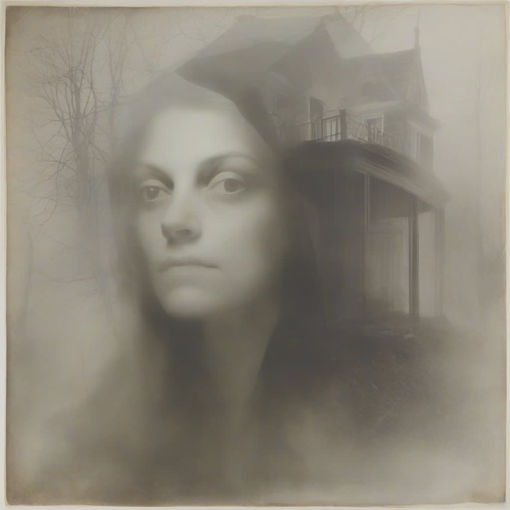 AI generated: double exposure, (transparent mysterial female portrait as foreground, by Henry Fuseli, 1. 3)(winter...