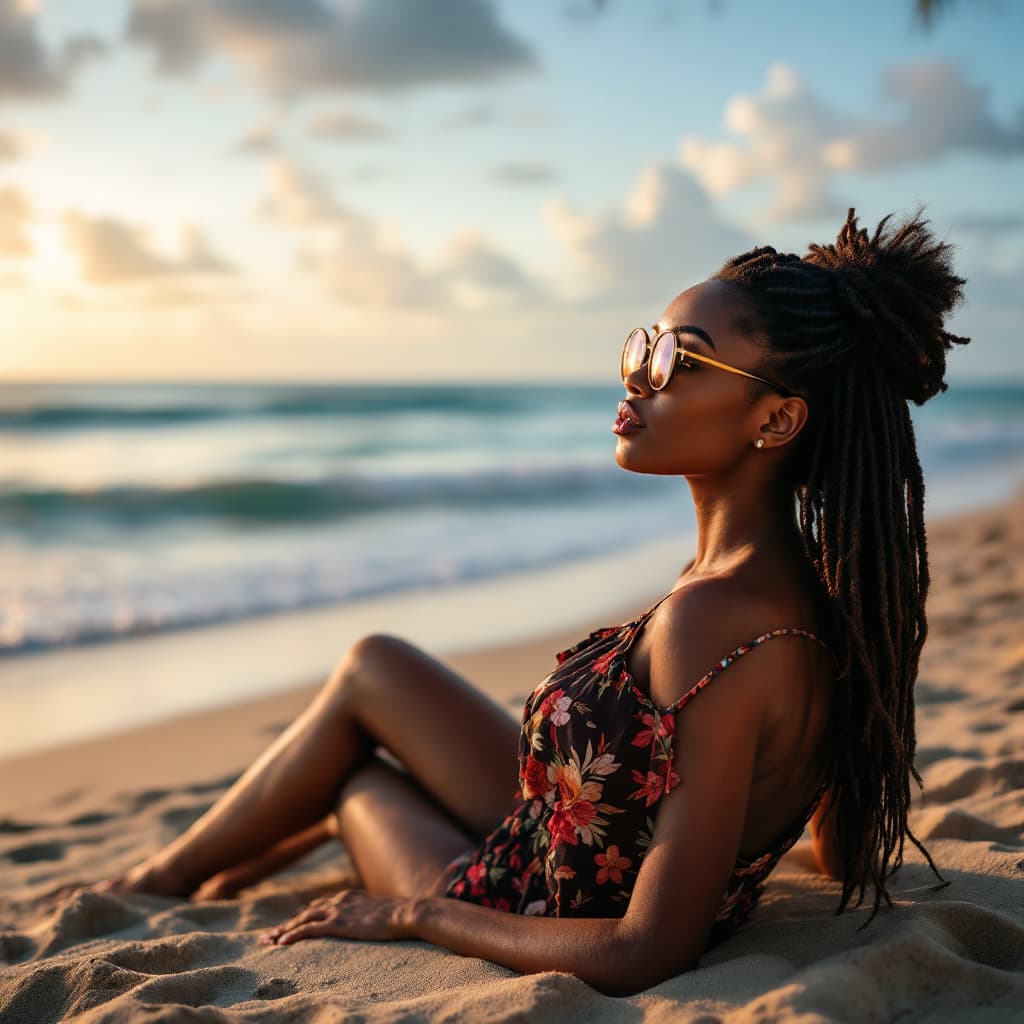 AI generated: photo of beautiful african girl relaxing at the beach in zanzibar wearing glasses , a higd definitio...