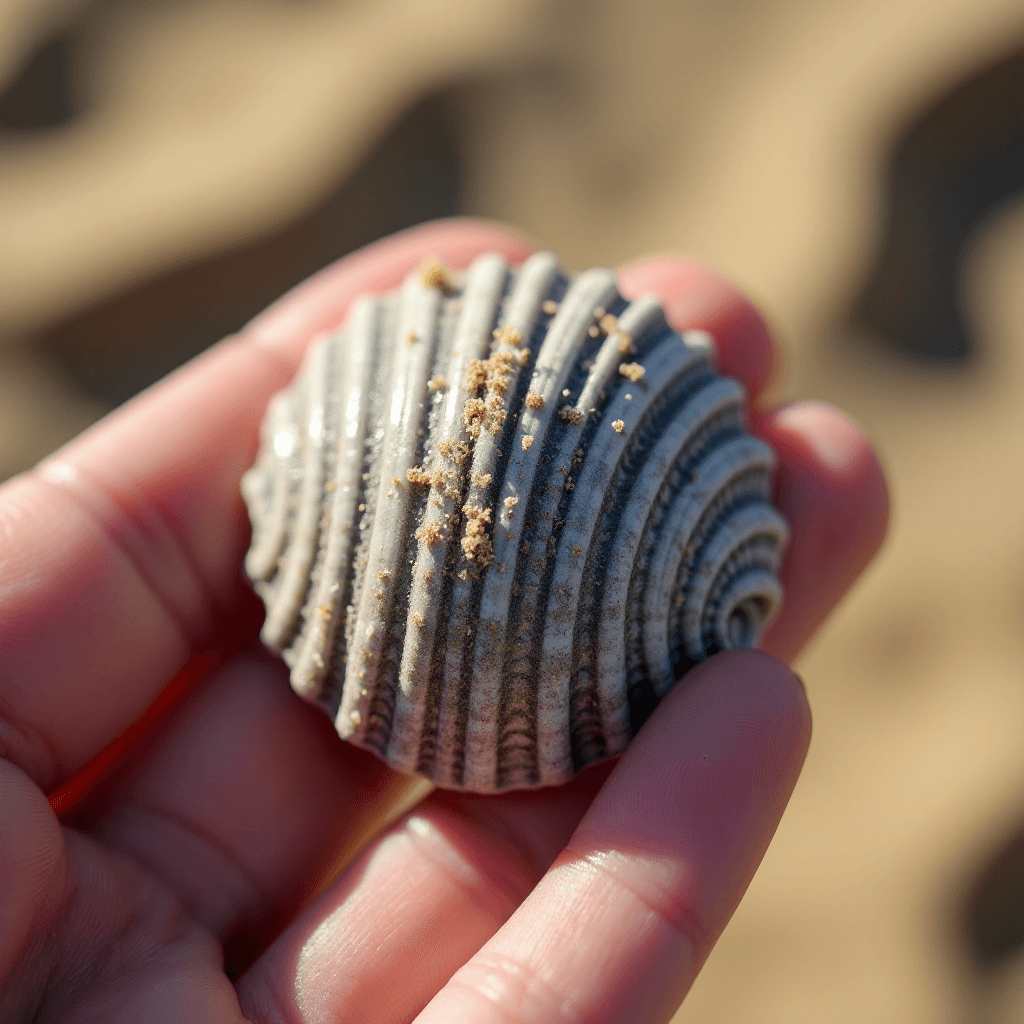 AI generated: Close-up macro shot of a human hand gently holding a ridged seashell with gray and white streaks. Ti...