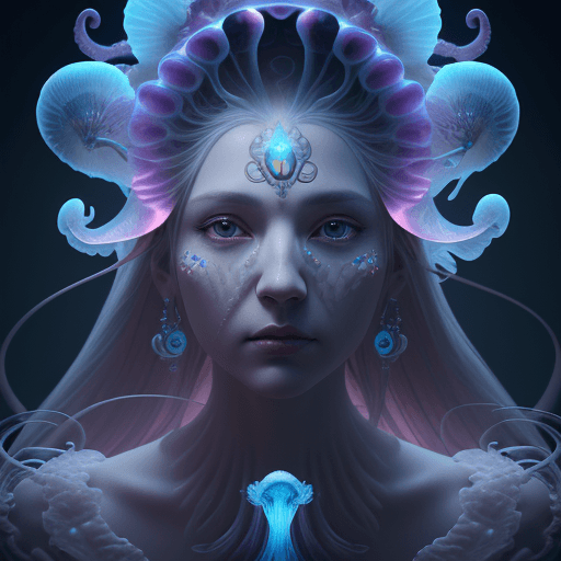 AI generated: Goddess close-up portrait ribcagel. jellyfish phoenix head, nautilus, orchid, skull, betta fish, bio...