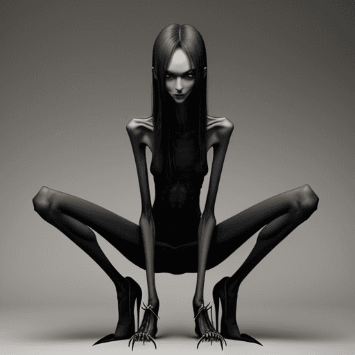 AI generated: very skinny slender girl, with long curved claws, with skinny legs and long skinny calves in high he...