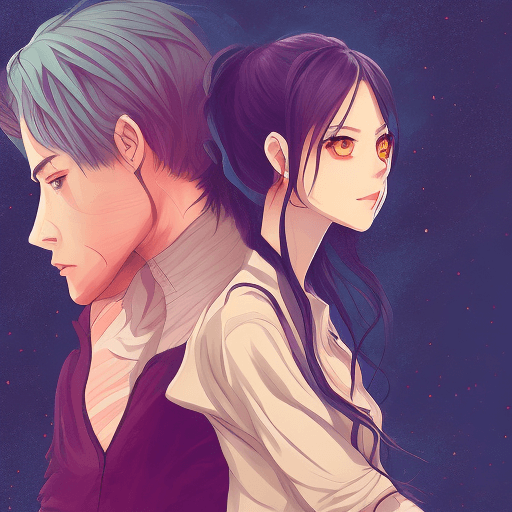 AI generated: Generates an anime style representation: a woman and a man hold a broken heart amidst a dark and bri...