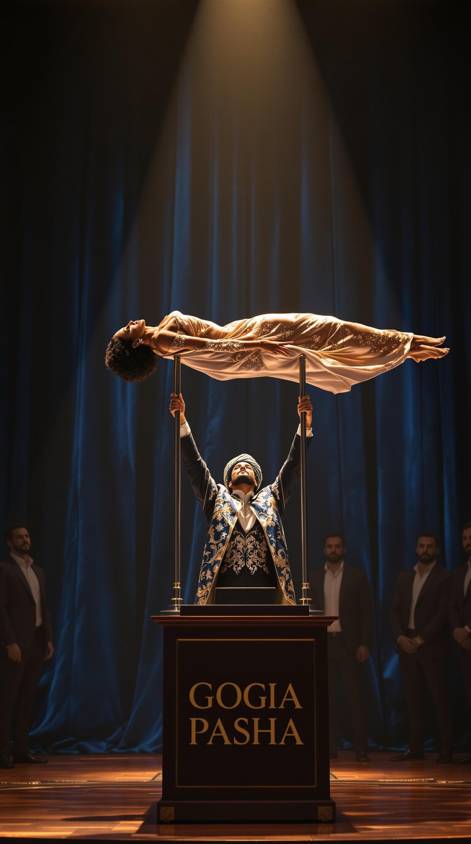 AI generated: A modern, 2020s-era photorealistic photograph of a grand stage illusion performance. The magician, w...
