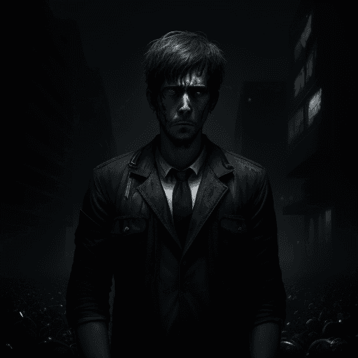 AI generated: A sad man with a broken heart, surrounded by darkness and dystopia