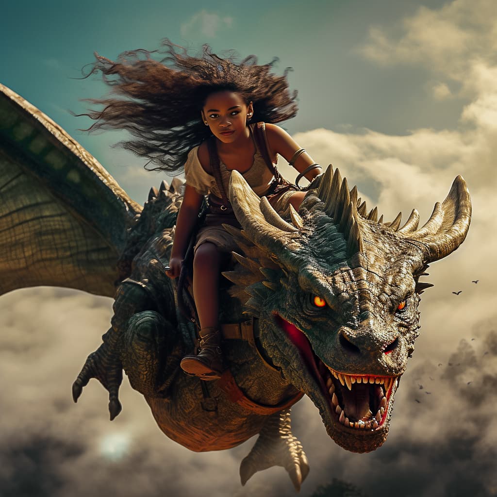 AI generated: an incredible photo image of a mystical dragon, about the take off flying with a girl that is riding...