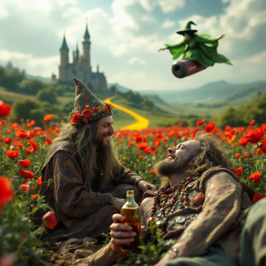 AI generated: a totally wasted  hippie with a dopey grin partly closed eyes is  in a field of poppies laying prone...