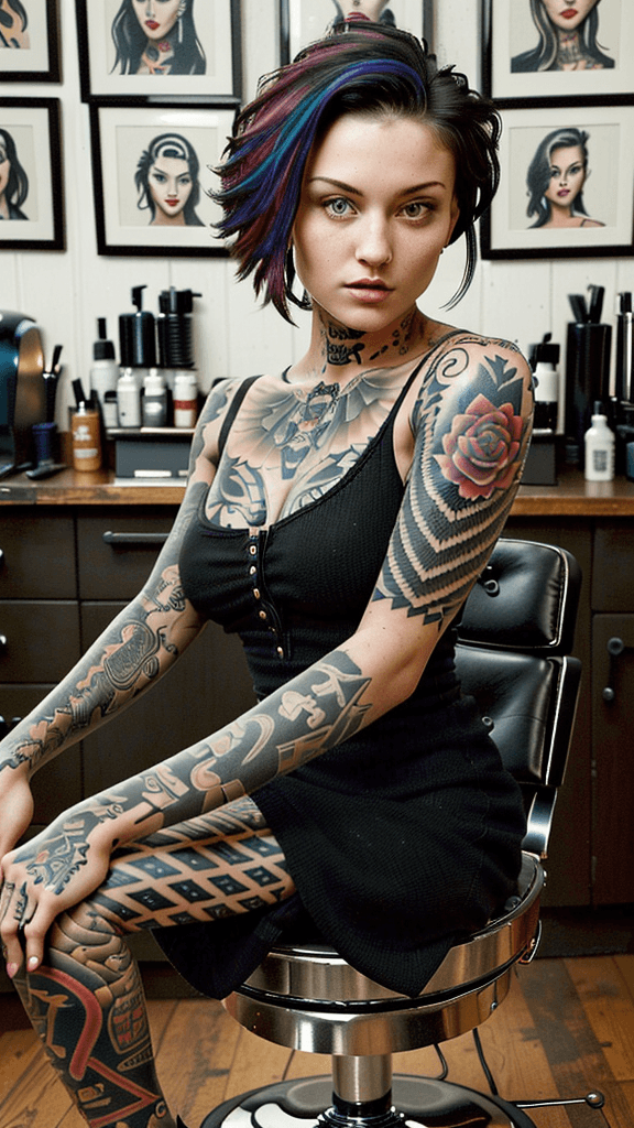 AI generated: 
A highly attractive woman with tattoos on her arms, she  is sitting on a barbershop chair. She is w...
