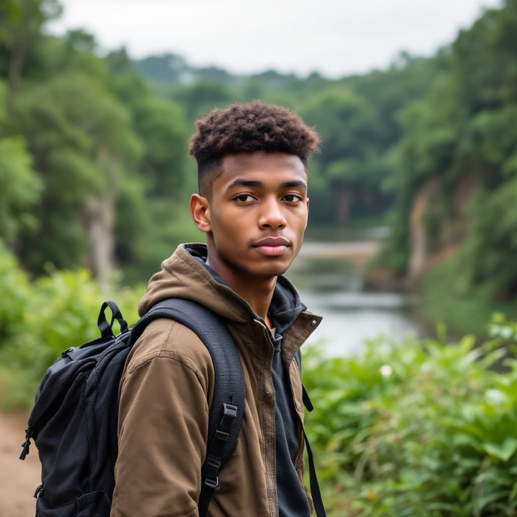 AI generated: An 18-year-old asiatic man standing with a backpack. In the background, there should be a touristic ...