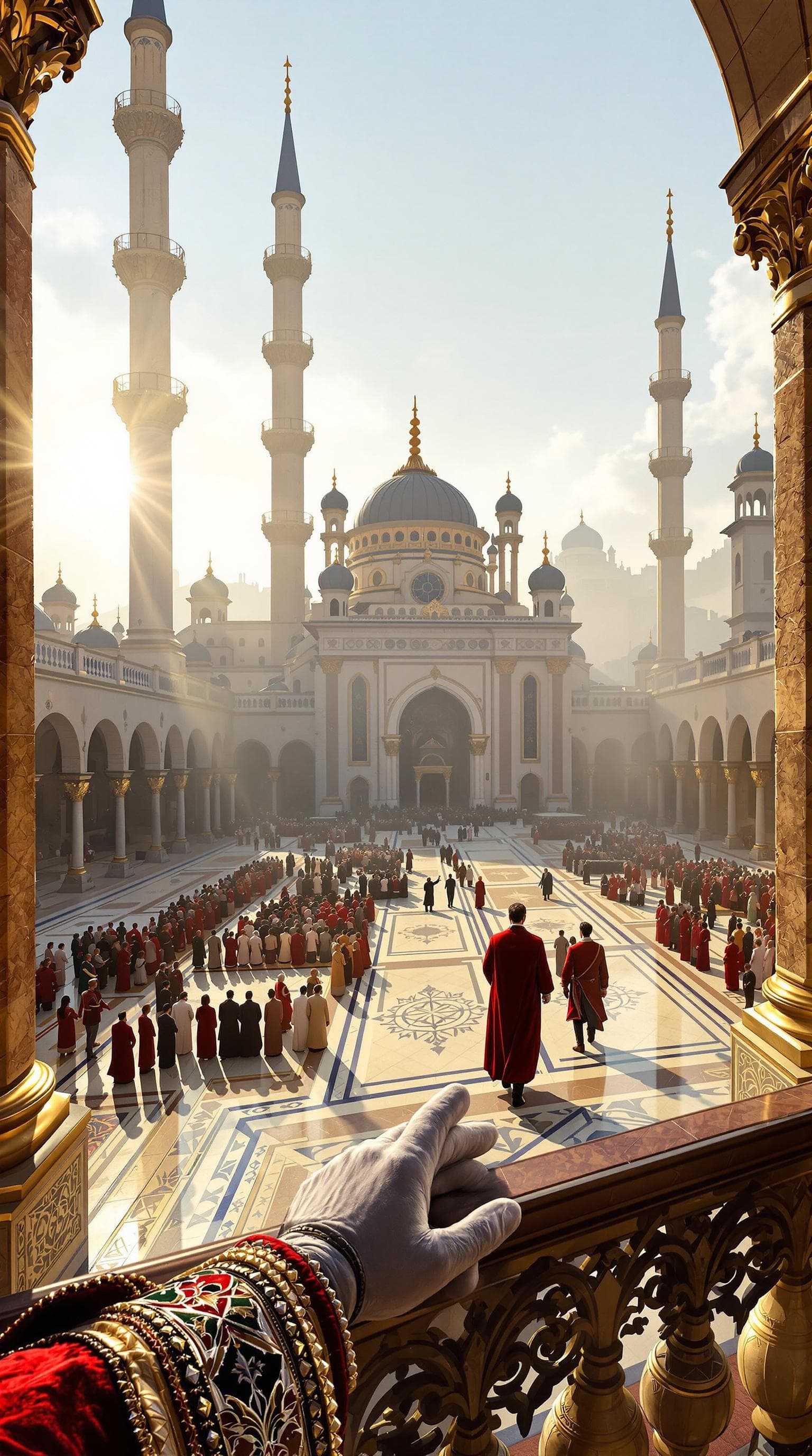 AI generated: First person POV, the Sultan’s gloved hand rests gently on the marble railing, gazing out at the gra...