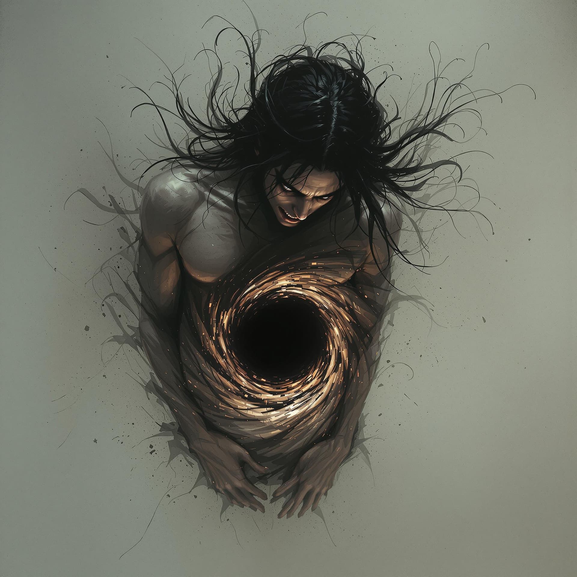 AI generated: A terrified, slim-faced young man stares downward at a void in the center of her stomach (1.4), his ...