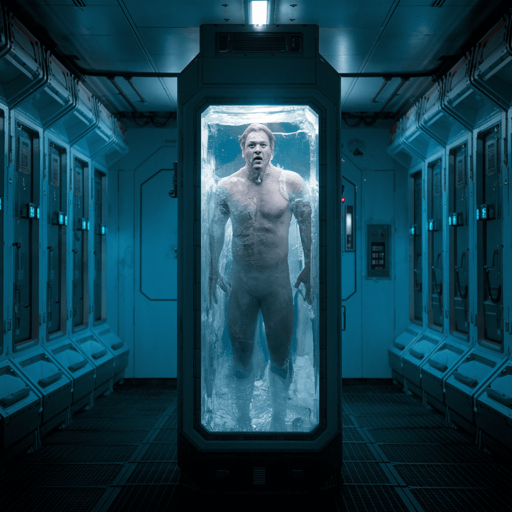 AI generated: A  man, frozen in ice inside an airlock tank, in the middle of a row with other cryo tanks. in a cyb...