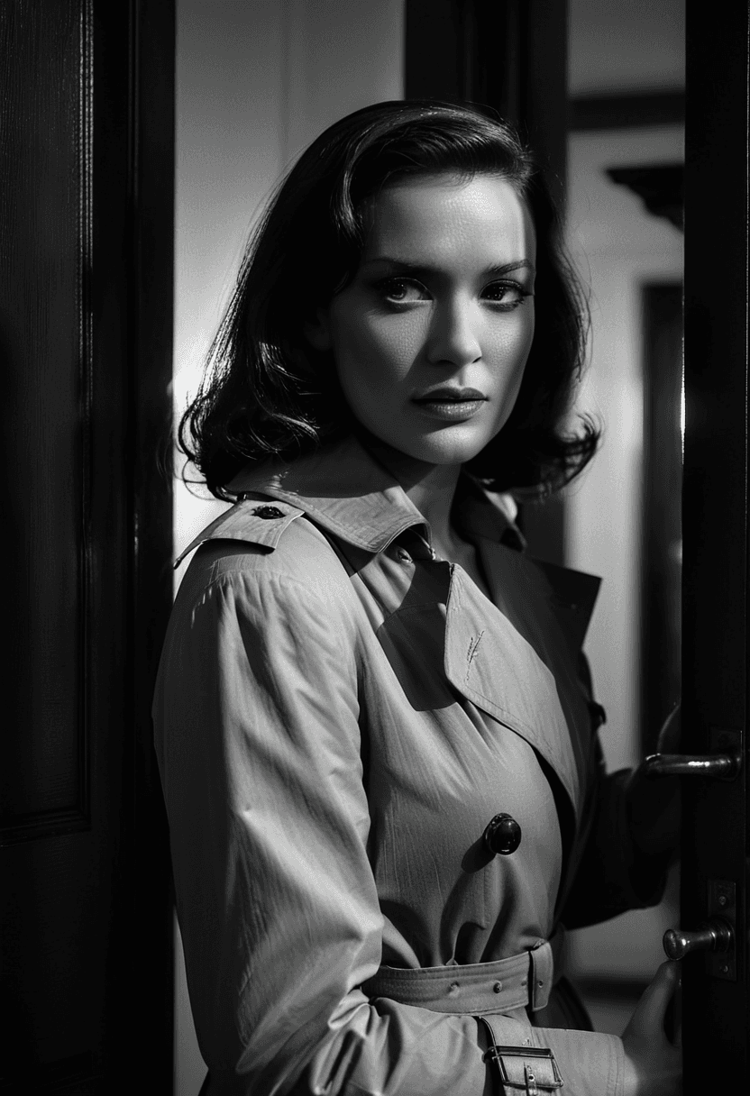 AI generated: This is a black and white film noir still of a woman wearing a trench coat. She stands in front of t...