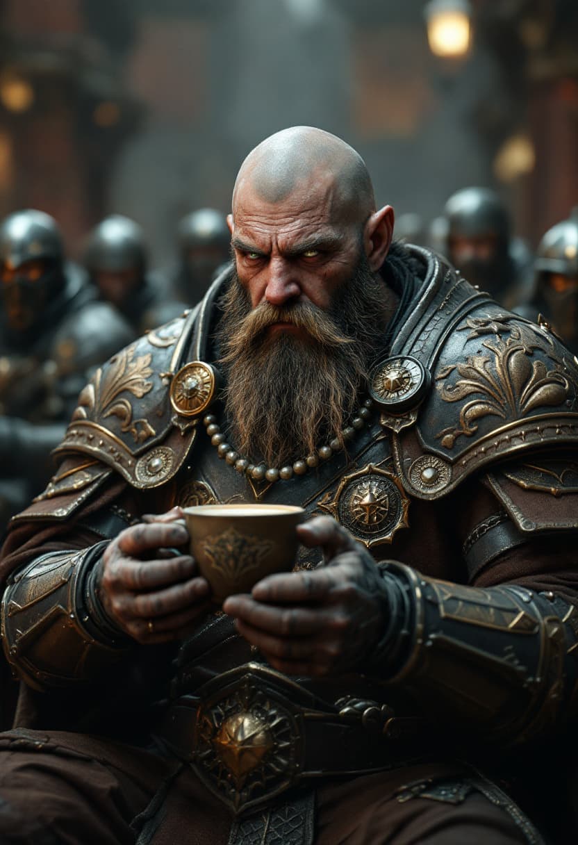 AI generated: A tired looking bearded dwarven Cyborg warrior in ornate Armour, enjoys a hot cup of coffee with, wi...