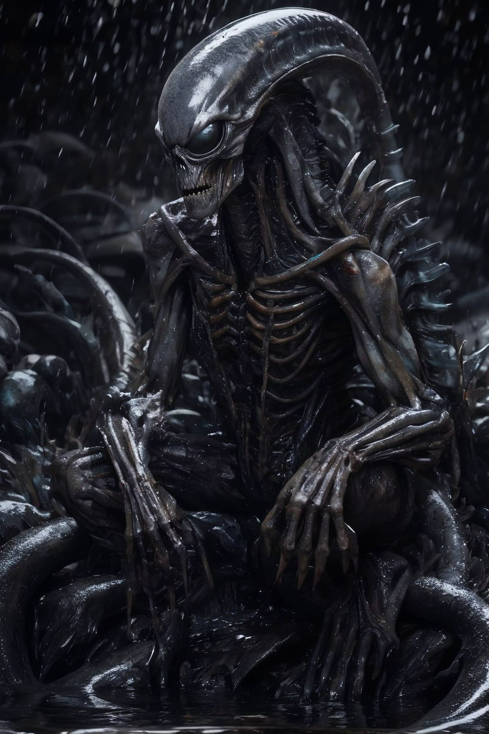 AI generated: Zombie Xenomorph, water drops, nathan wirth, dean cornwell, toni frissell, hyperrealistic, intense g...