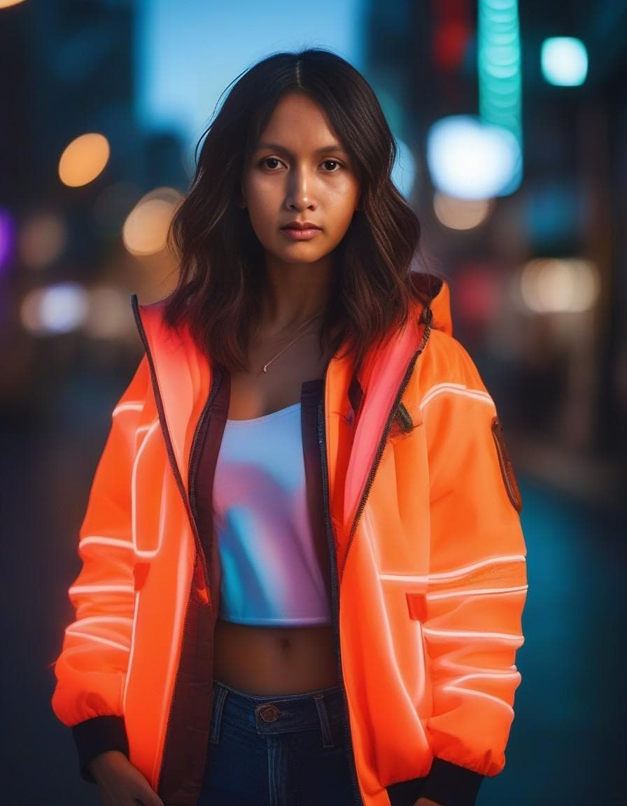 AI generated: an image of a woman in a neon jacket standing somewhere, in the style of ross tran, gadgetpunk, stre...
