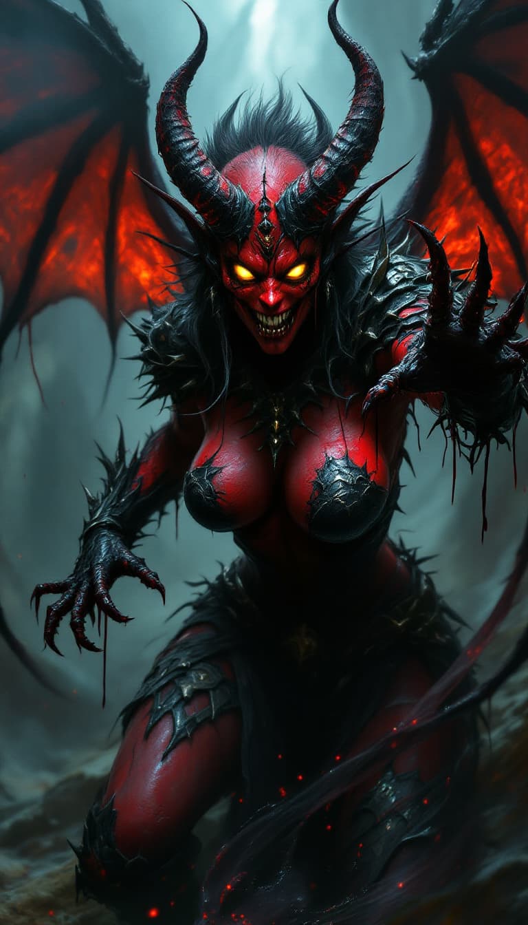 AI generated: A crimson-skinned demoness rises from the depths, her fiery red skin and glowing yellow eyes piercin...