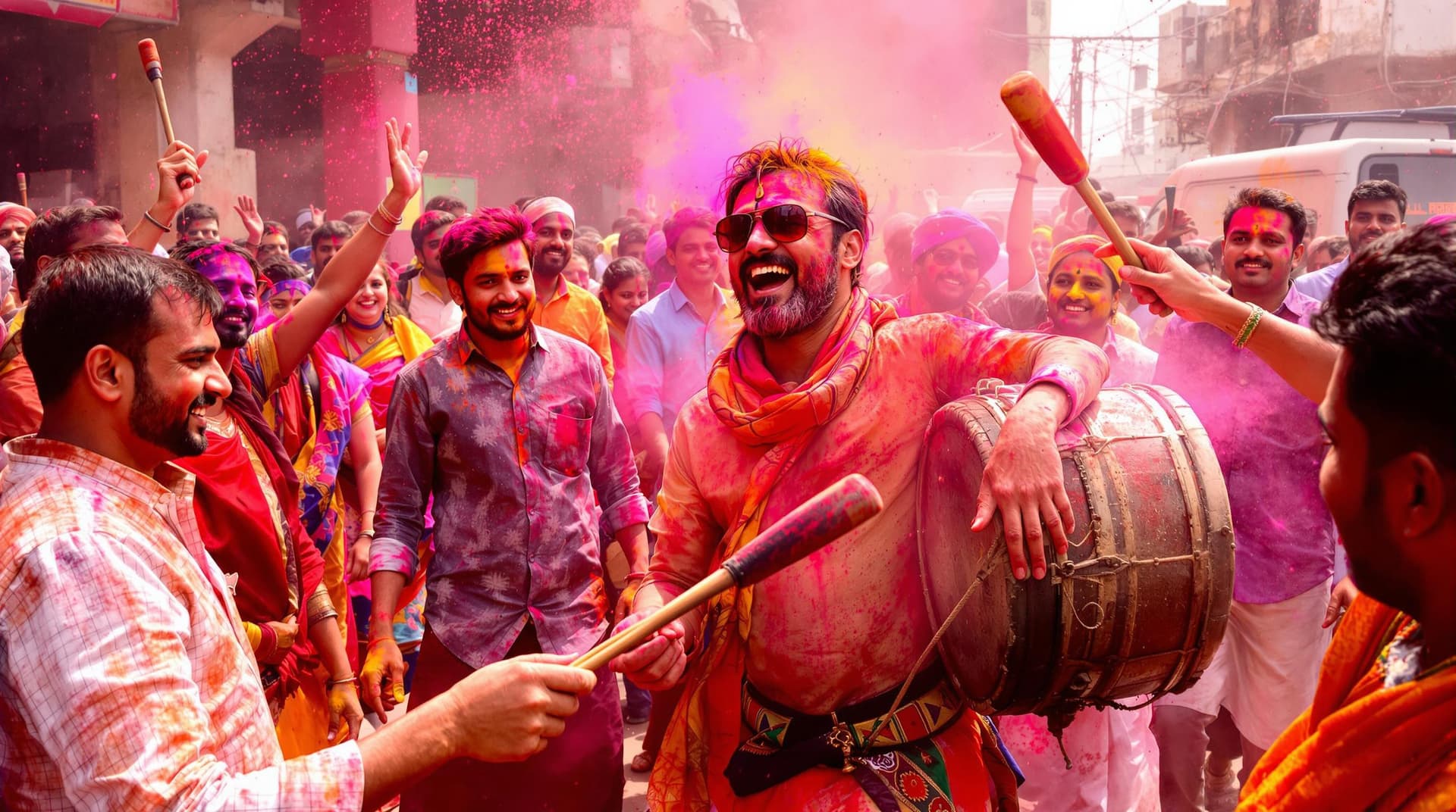 AI generated: ➡️ A man with a large dhol around his neck, hitting it with sticks, people dancing in sync around hi...