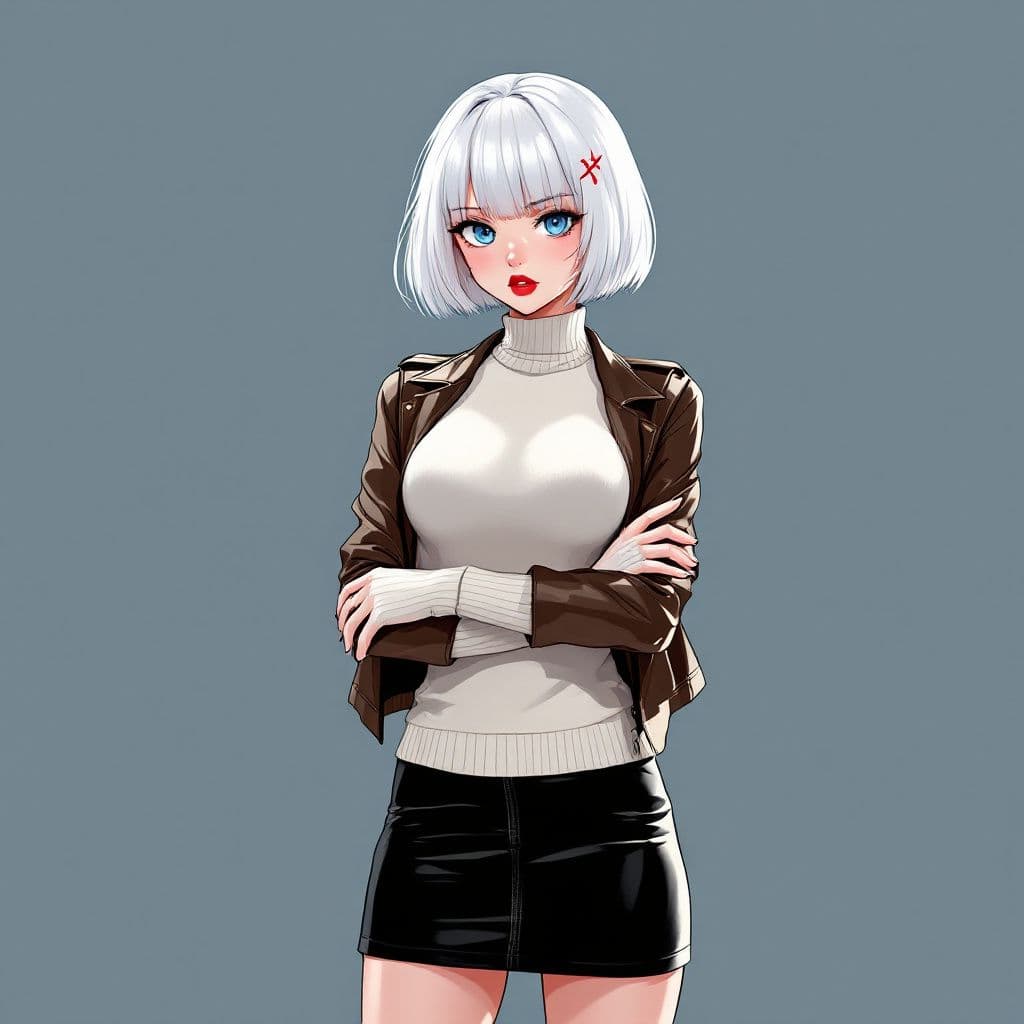 AI generated: anime, woman, white hair, bob cut, straight bangs, blue eyes, red lips, white sweater, tight sweater...
