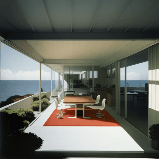 AI generated: Hyper realistic eye level exterior photo of a mid century modern style house overlooking the ocean, ...