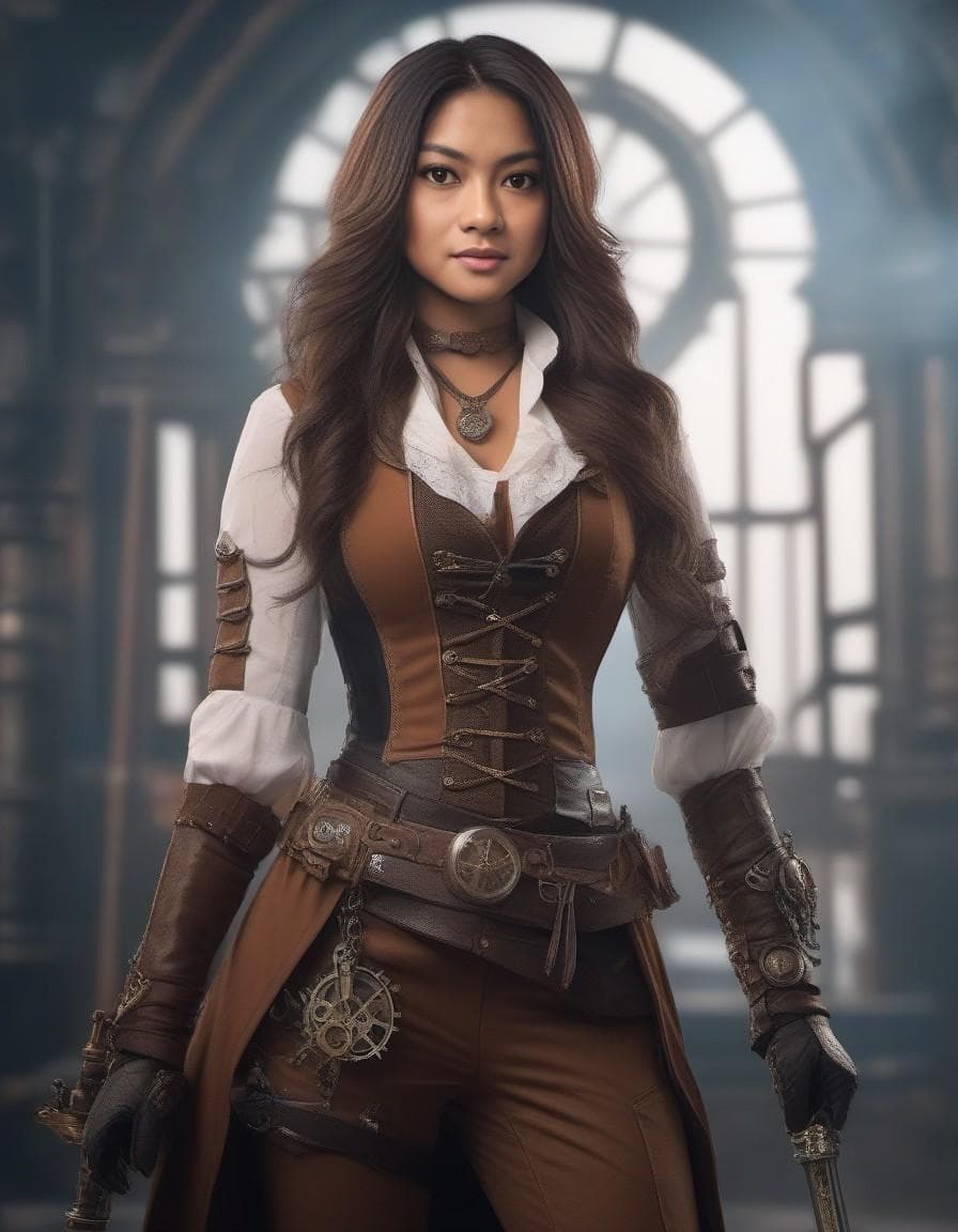 AI generated: Very beautiful Steampunk lady, long silver hair, steampunk outfit and weapon, hyperrealism, photorea...