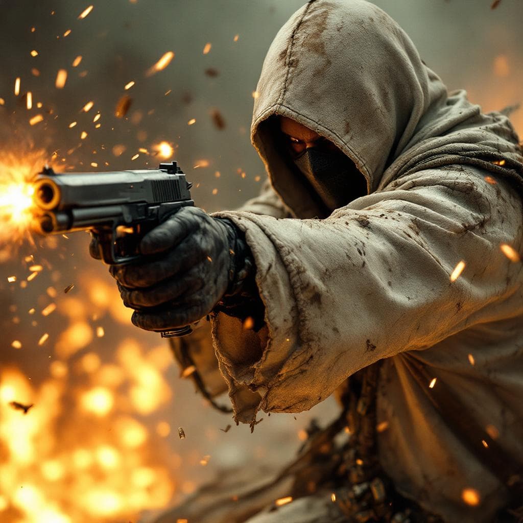 AI generated: A masked assassin in a weathered white cloak, dirt-streaked and torn, wielding two pistols and firin...