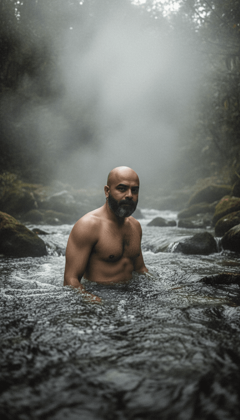 AI generated: hot spring in  a wild river flow, steam rises from the water, A handsome, stylish young man with a l...