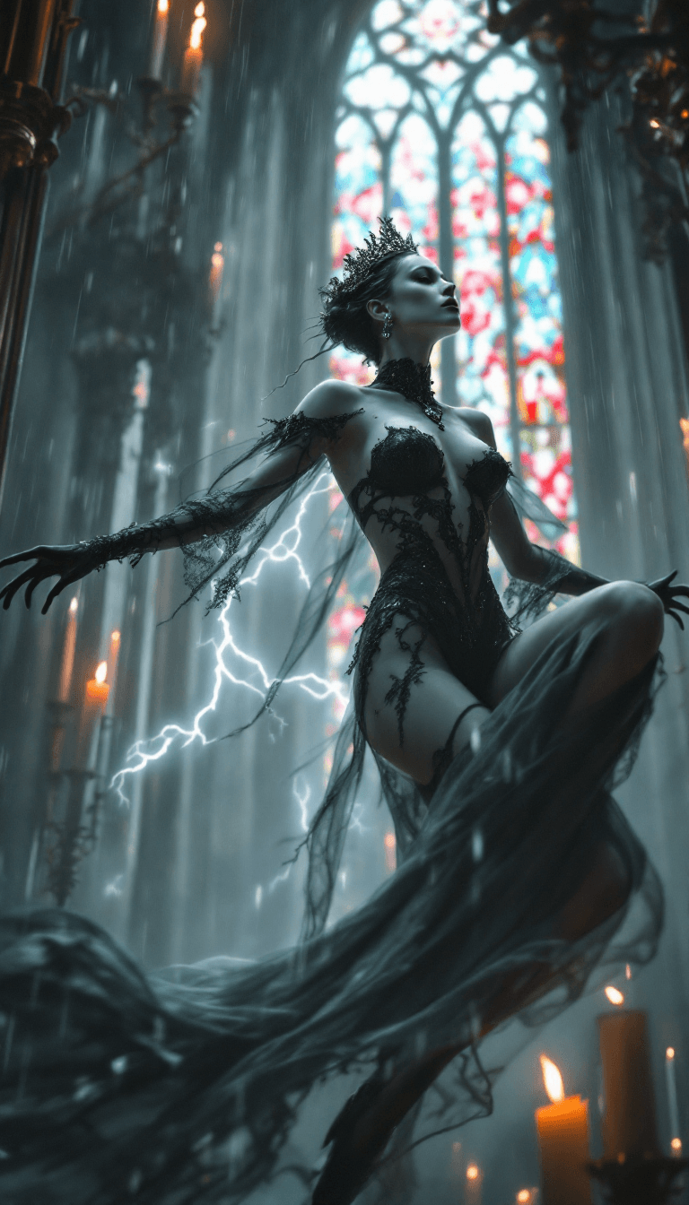 AI generated: A **cinematic, highly detailed film still** capturing a **majestic gothic vampire queen** floating t...