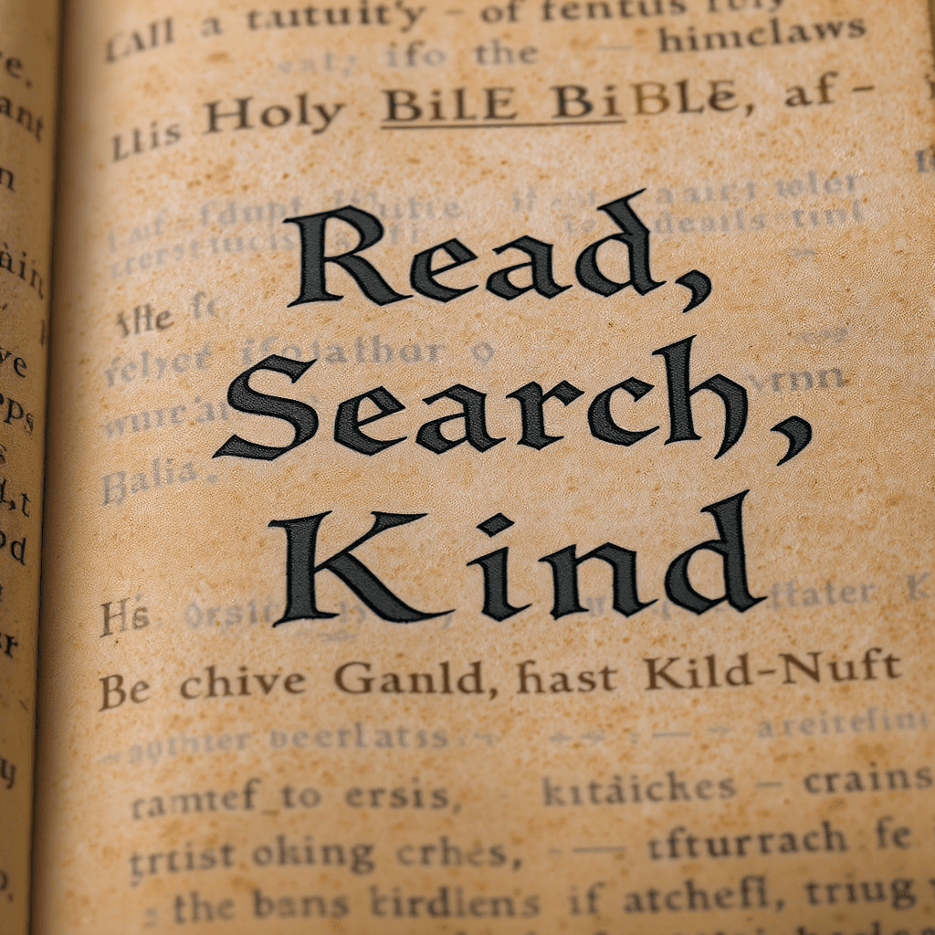 AI generated: Macroview of a holy Bible page made of papyrus,old paper,typography ""Read,Search,Be Kind" is writte...