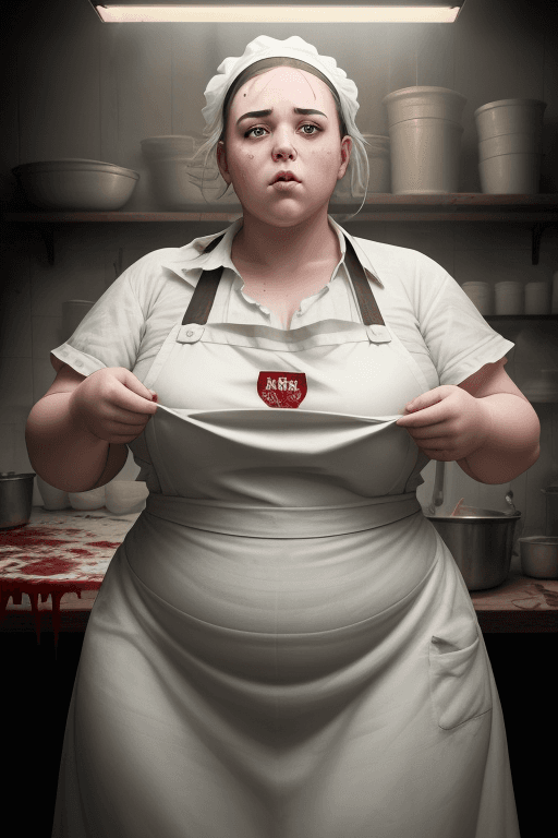 AI generated: RAW photo, low key, cinematic composition, fat  ugly female butcher, woman, rim light, blood everywh...