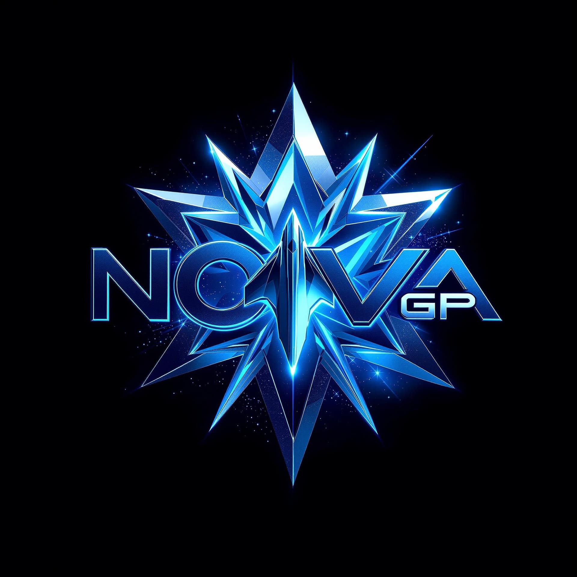 AI generated: "Design a hyper-realistic 3D logo for 'NOVA GP' with a cosmic theme. Use metallic silver and neon bl...