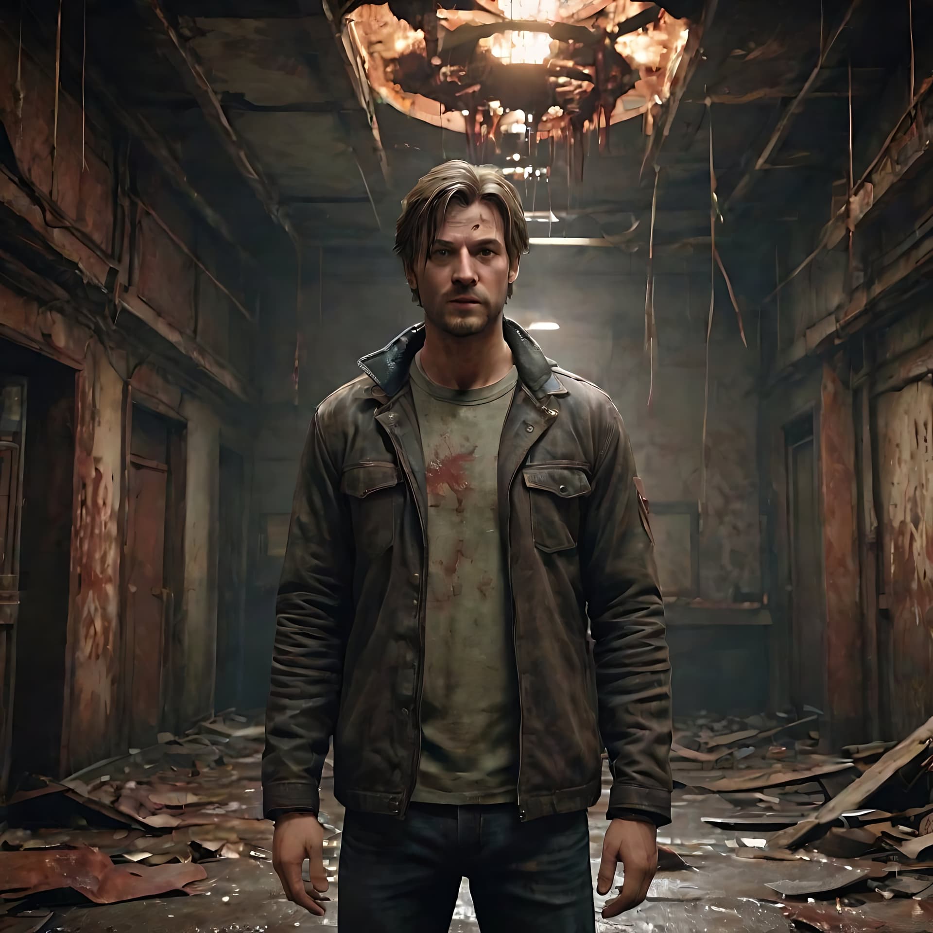AI generated: James Sunderland from Silent Hill gazing at the camera as monsters approach, twisted world, other wo...