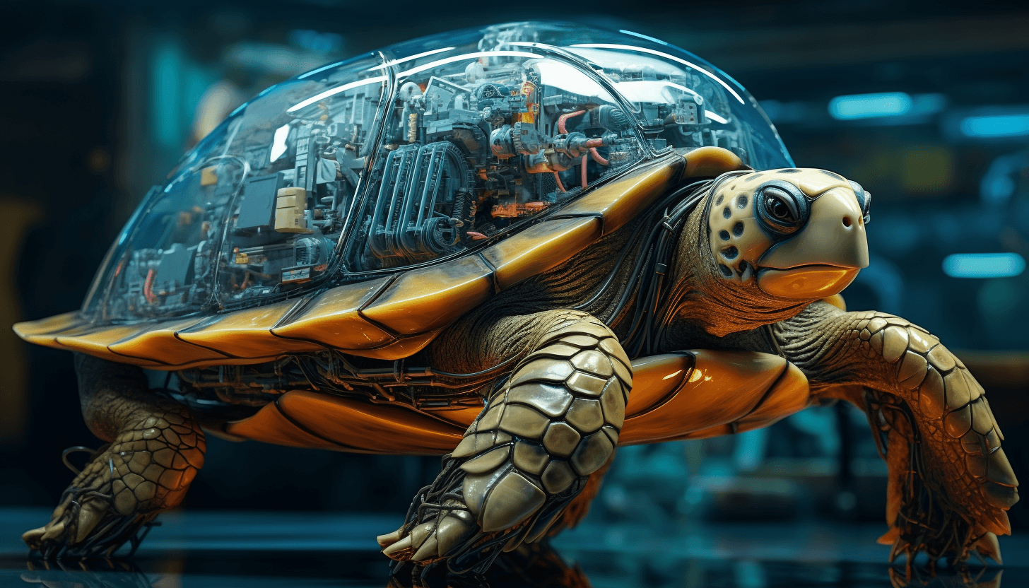 AI generated: A giant turtle with a transparent carapace show intricate mechanical spears, reality, high resolutio...