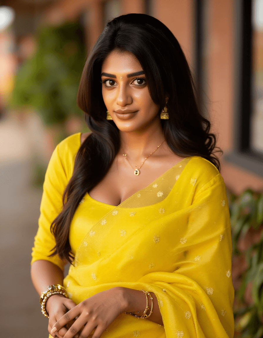 AI generated: a woman, 18-21 years old, black hair, Indian hair style, mustered yellow saree,gold chain in neck, t...