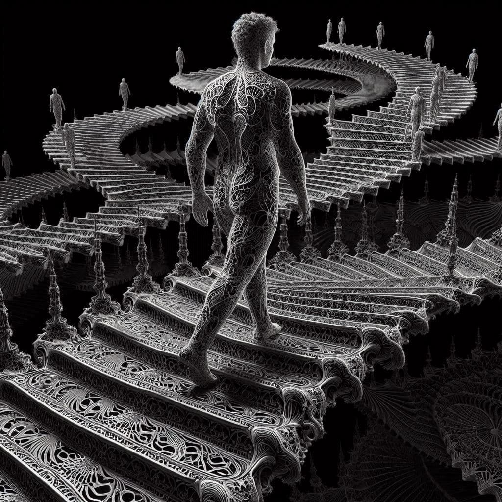 AI generated: A Mandelbrot man walking the Escher staircase, black background, 8k