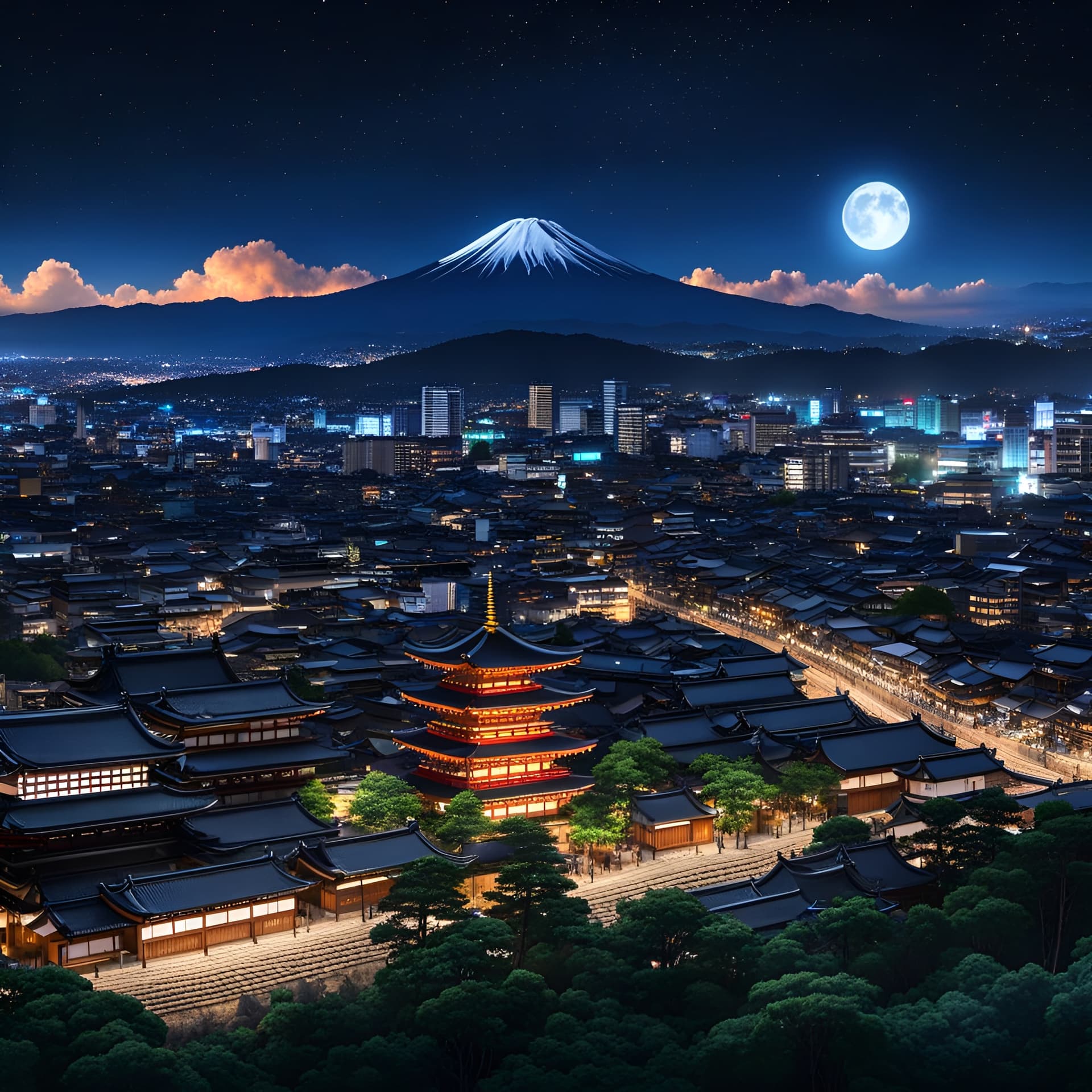 AI generated: A futuristic Zoomed Out Photograph of a city in Japan 1000 years into the future at night, with many...