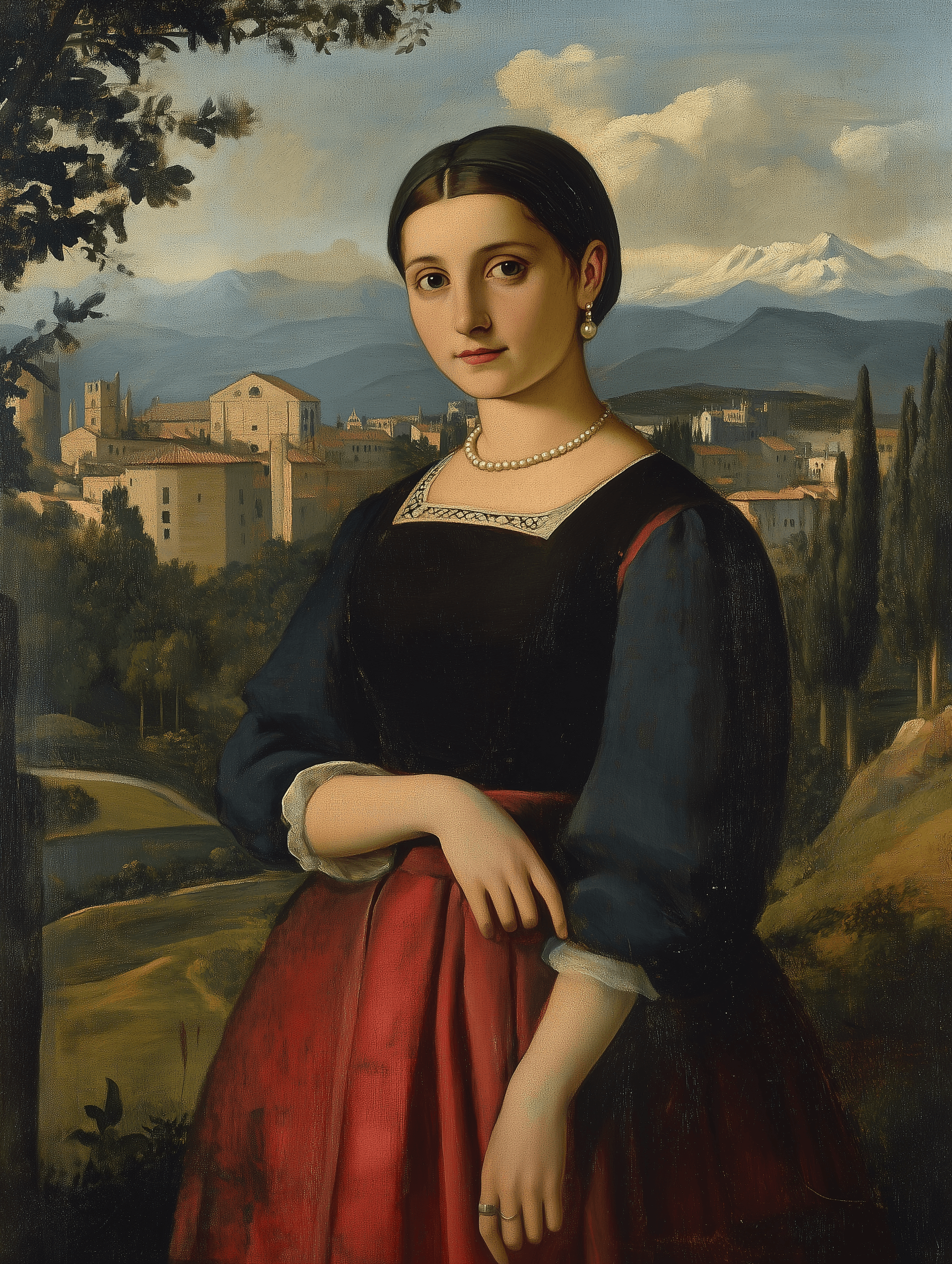 AI generated: A painting of an Italian woman in traditional , with dark blue and red accents, in the style of Cami...