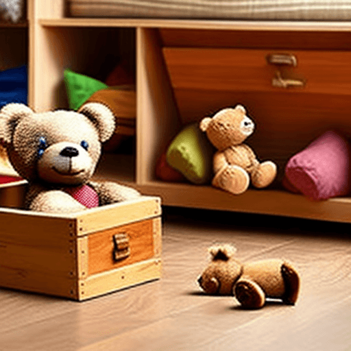 AI generated: large wooden toy box on a floor,  with a small puzzled teddy bear inside. high detail.